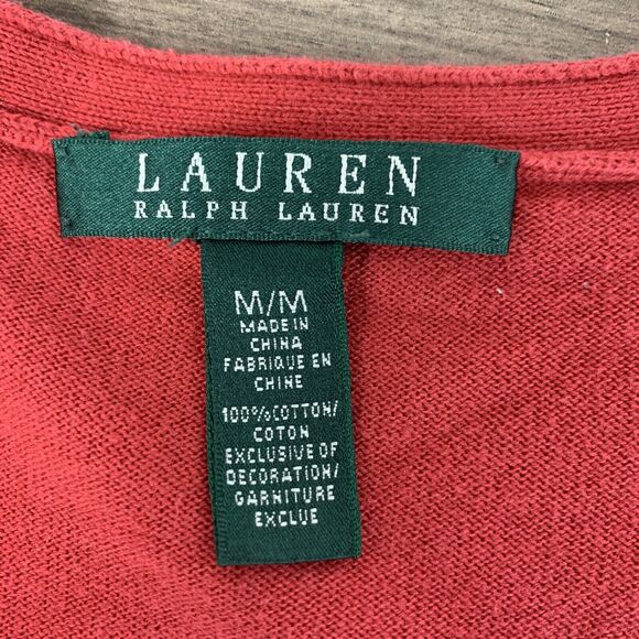 Lauren Ralph Lauren Womens Cardigan Sweater Sz Medium Red Cotton Pockets Button - Picture 7 of 9
